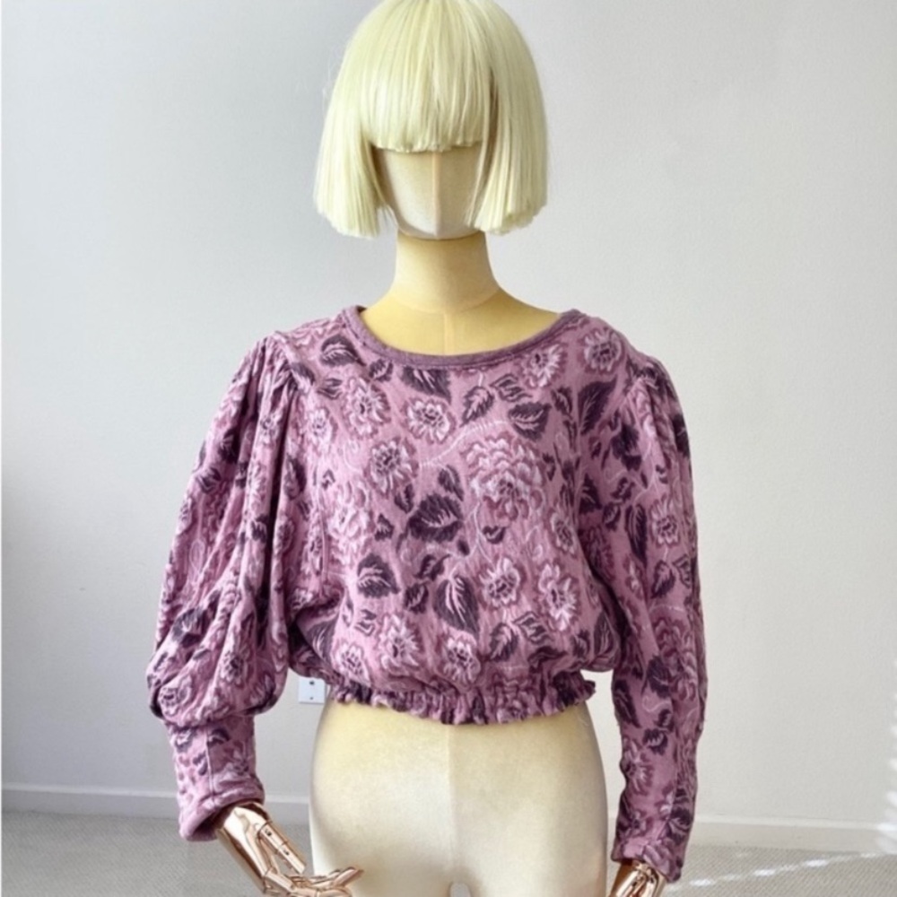 Free People Purple Pink Floral Print Open back Sweatshirt Top SZ S